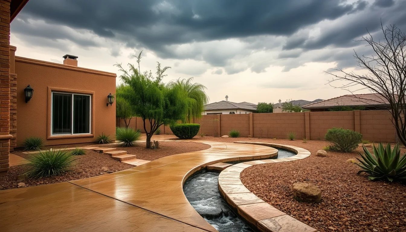 A desert hardscape patio with drainage design during monsoon rain