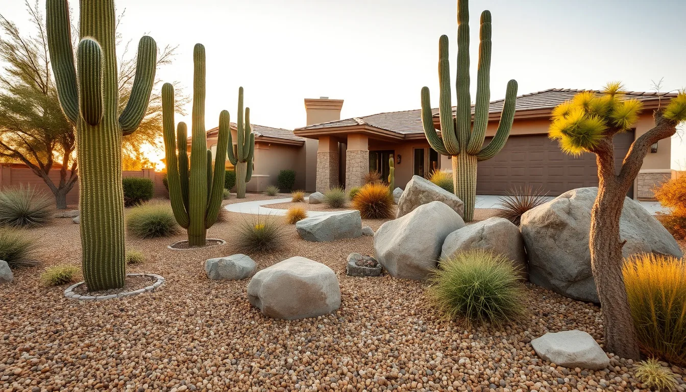 Stunning xeriscape front yard in Maricopa, Arizona with saguaro cacti and decorative desert boulders