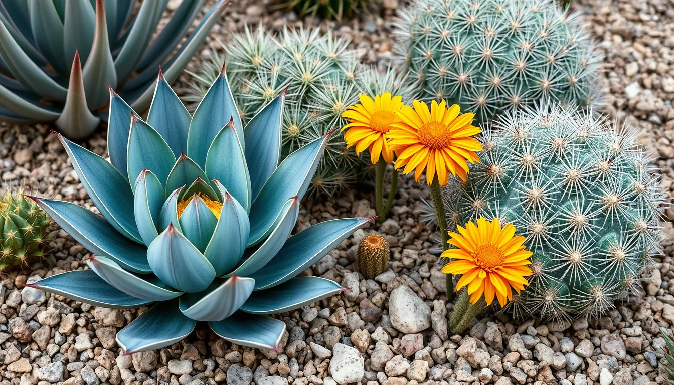 Close-up of drought-tolerant desert plants including agave and barrel cactus
